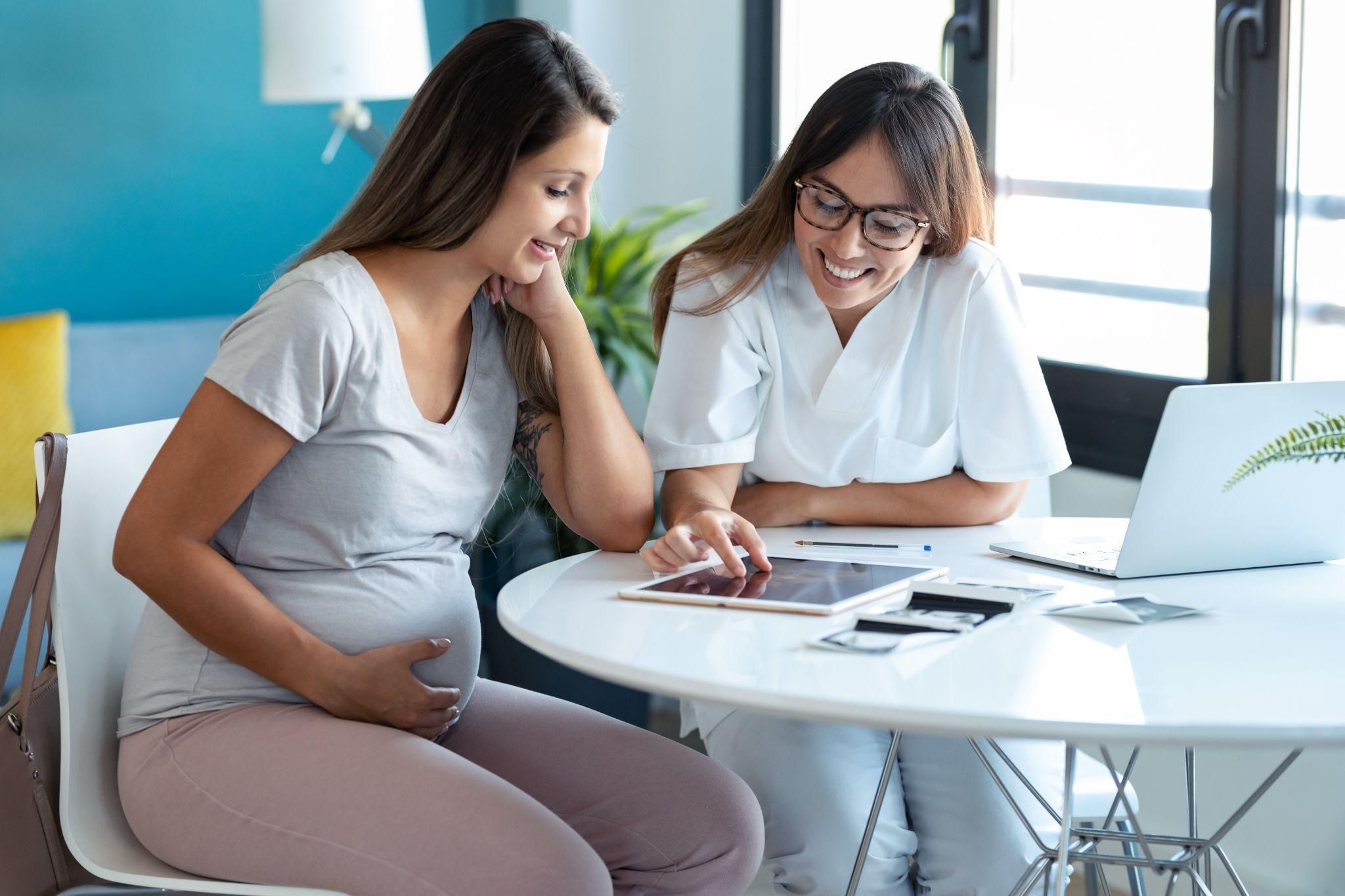 Expectant woman discussing her antenatal birth plan with a midwife.