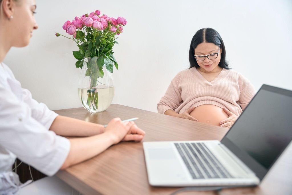 A pregnant woman discussing her antenatal care with a healthcare professional.