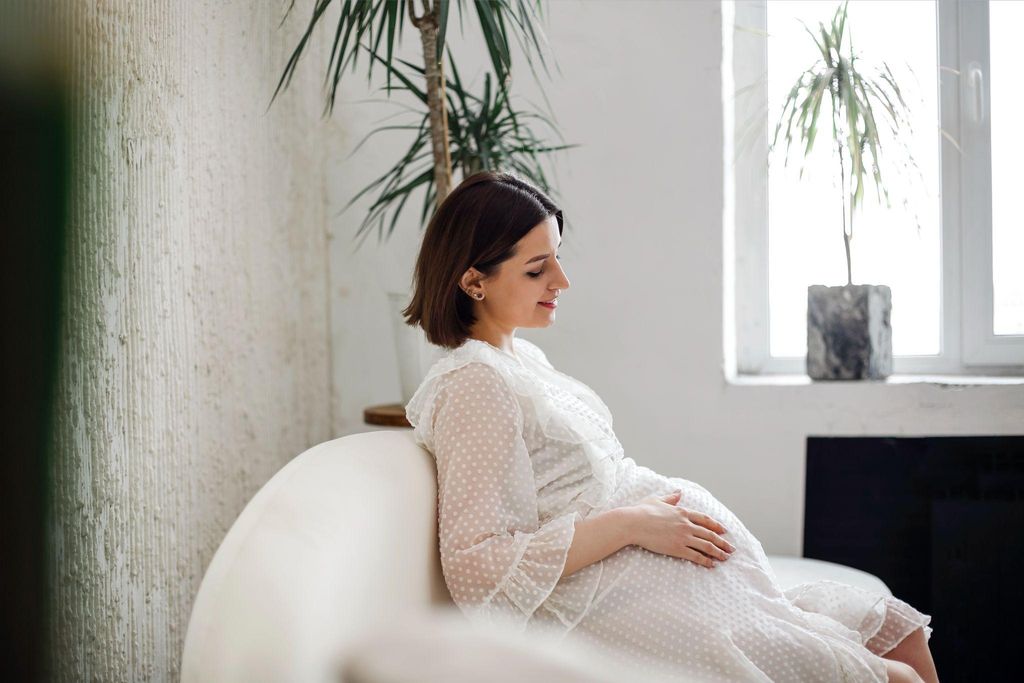 A pregnant woman looking out the window, cradling her baby bump.