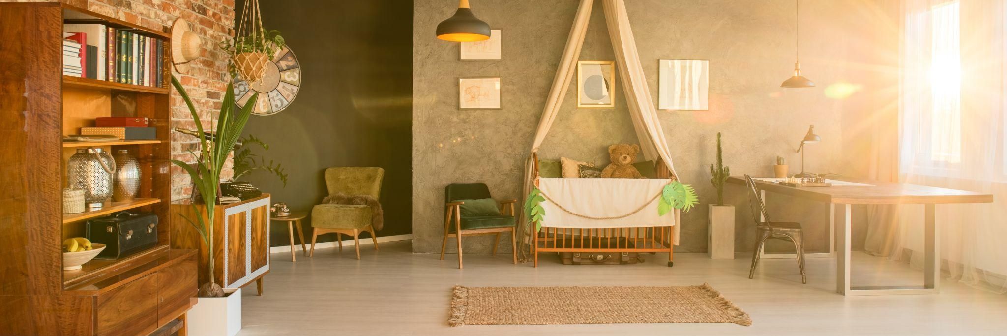 A sustainable baby nursery featuring organic textiles, low-VOC paint, and reclaimed decor.