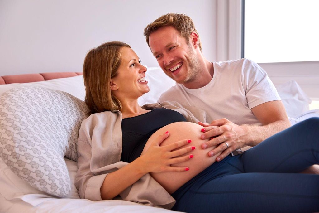 A pregnant woman practising relaxation techniques at 36 weeks of pregnancy, preparing for labour.