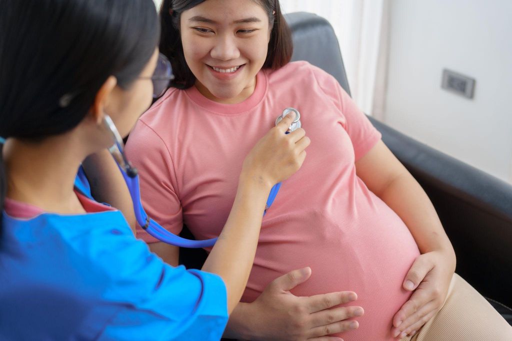 Midwife with a pregnant woman at a healthcare appointment, discussing antenatal care options