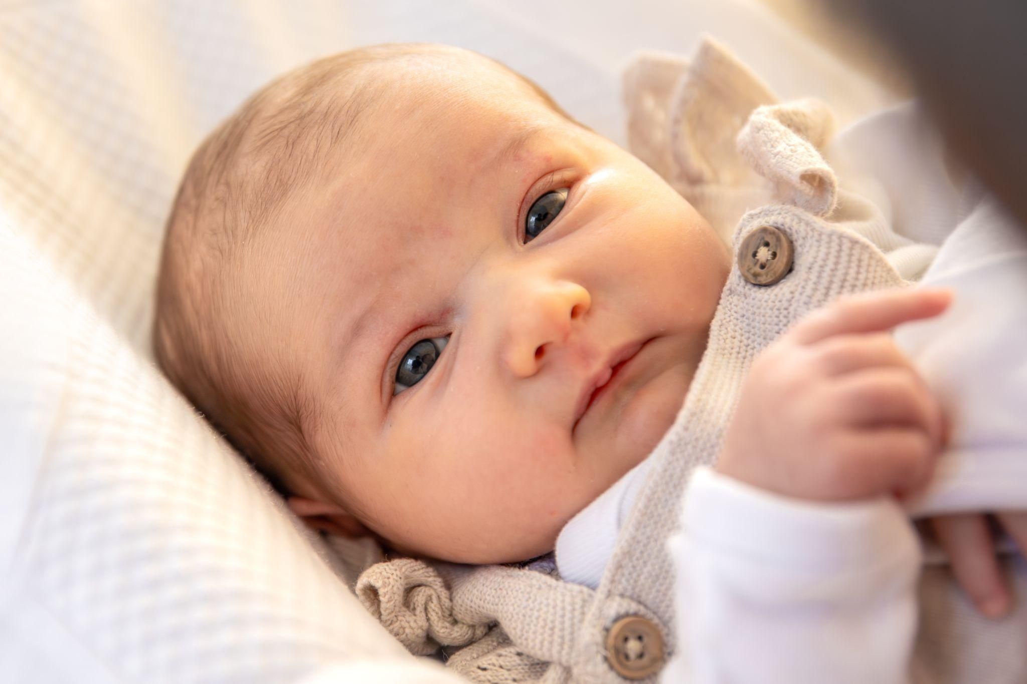 A baby playing with sensory toys during tummy time.