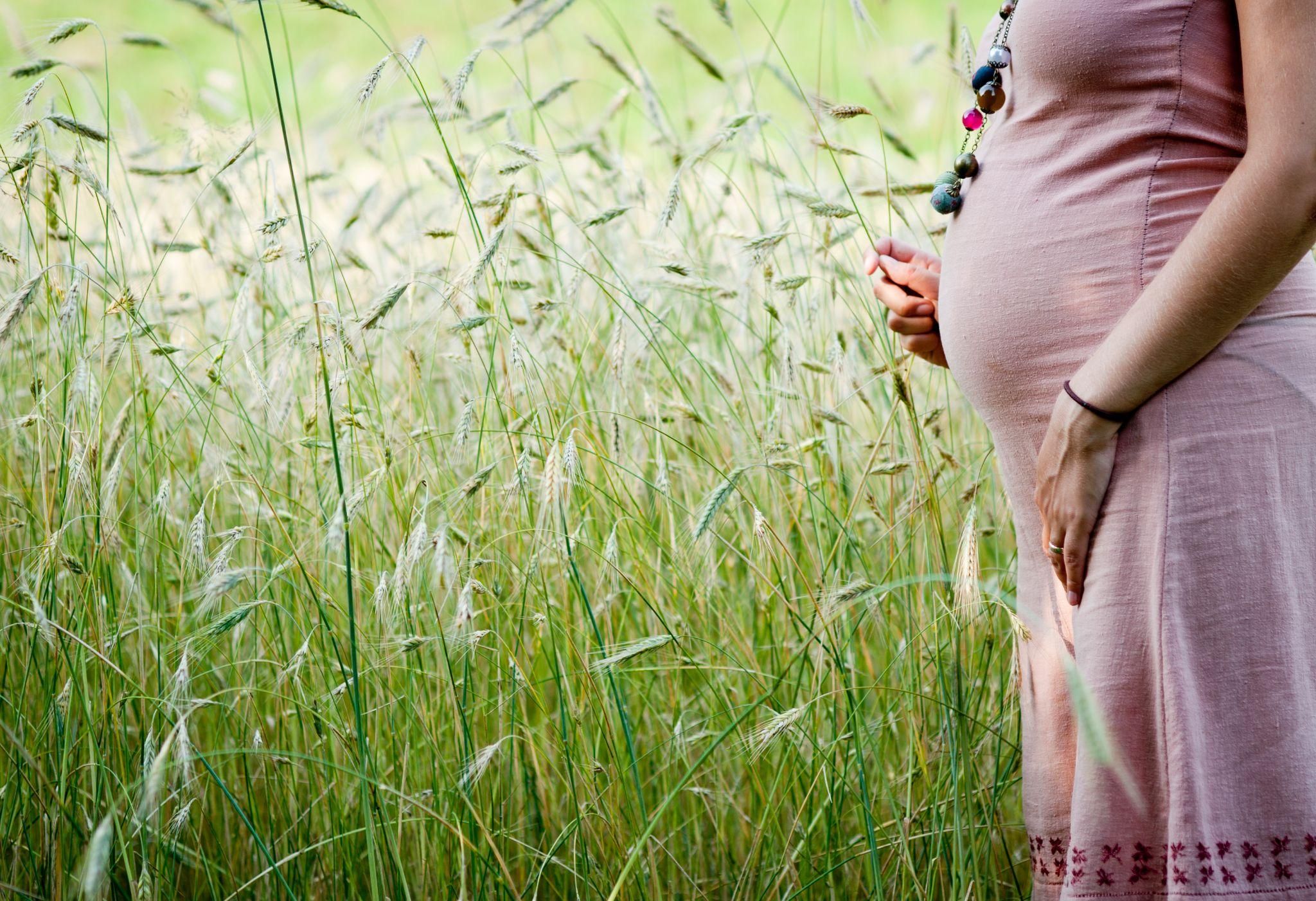 Pregnant woman in pink linen dress stands in a field of wheat.