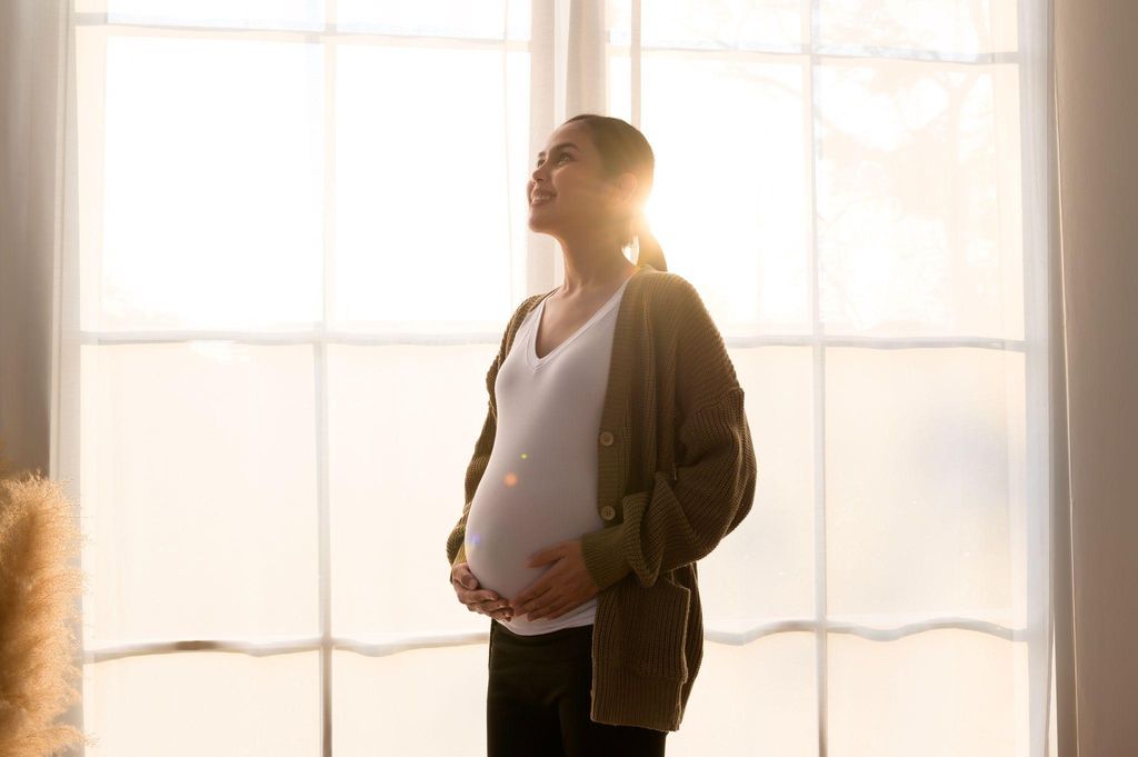 Expectant mother smiling as she reflects on her journey toward motherhood.