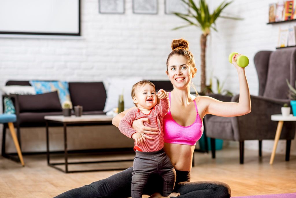 A new mother practicing postnatal yoga, balancing physical recovery and mental health in her post-birth journey.